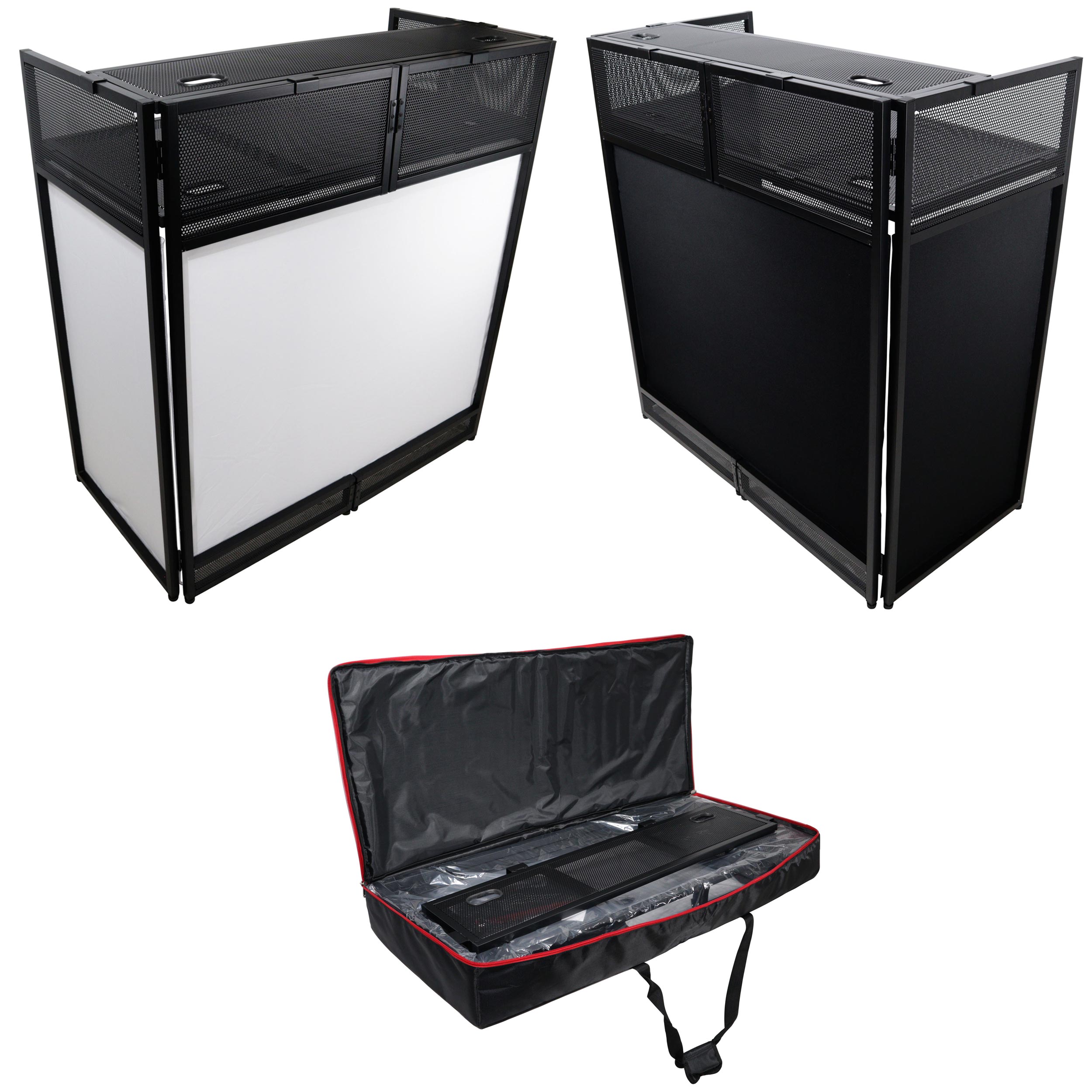 Prox XF-VISTA Bl Vista DJ Booth Facade Table Station with White/Black Scrim Kit and Padded Travel Bag