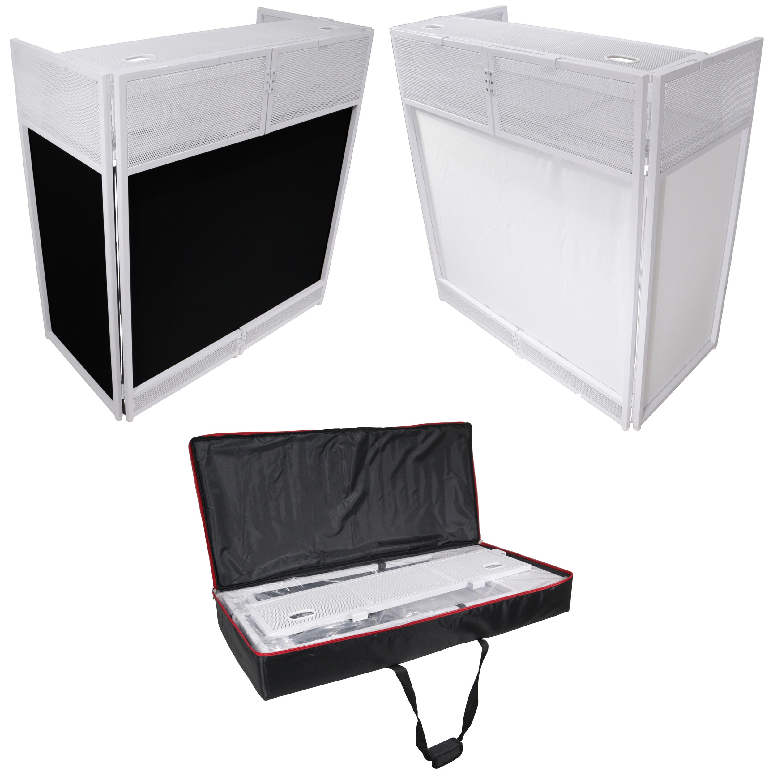 VISTA DJ Booth Facade Table Station with White/Black Scrim kit and Padded Travel Bag 