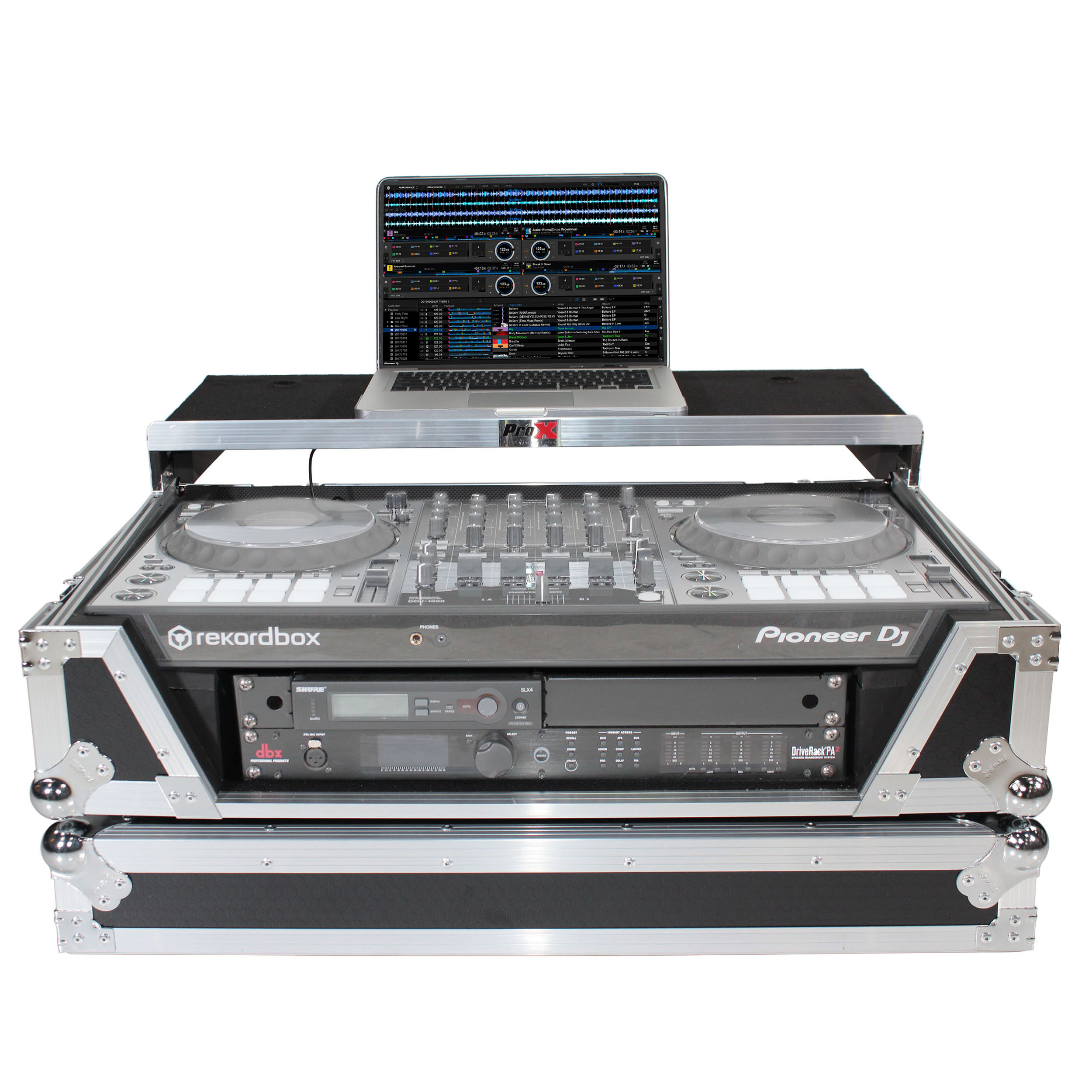 XS-DDJSX WLTGB LED ProX Flight Case for Pioneer DJ DDJ-SX/RX & Denon MCX7000 With Sliding Laptop Shelf Black on Gray Design LED Lights and Wheels 
